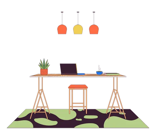 Home Office Modern Furniture Line Cartoon Flat Illustration Laptop On High Counter Table 2 D Lineart Objects Isolated On White Background Workplace Interior Design Scene Vector Color Image イラスト