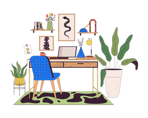 Home Office With Laptop Line Cartoon Flat Illustration Cozy Remote Workplace Furniture 2 D Lineart Objects Isolated On White Background Working From Living Apartment Scene Vector Color Image Illustration