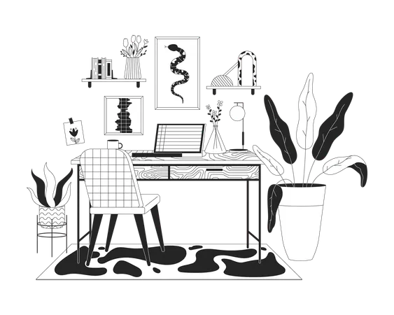 Home Office With Laptop Black And White Line Illustration Cozy Remote Workplace Furniture 2 D Lineart Objects Isolated Working From Living Apartment Monochrome Scene Vector Outline Image Illustration