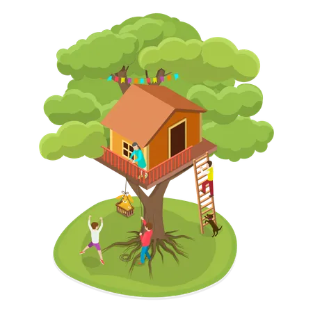 3 D Isometric Flat Vector Conceptual Illustration Of Treehouse Home On Branches With Ladders Illustration