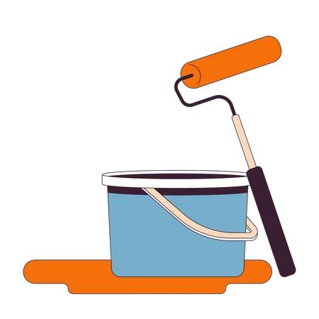 Home Painting Tools 2 D Linear Cartoon Object Paint Bucket With Roller Painting Supplies Isolated Line Vector Item White Background Renovation Construction Site Color Flat Spot Illustration Illustration