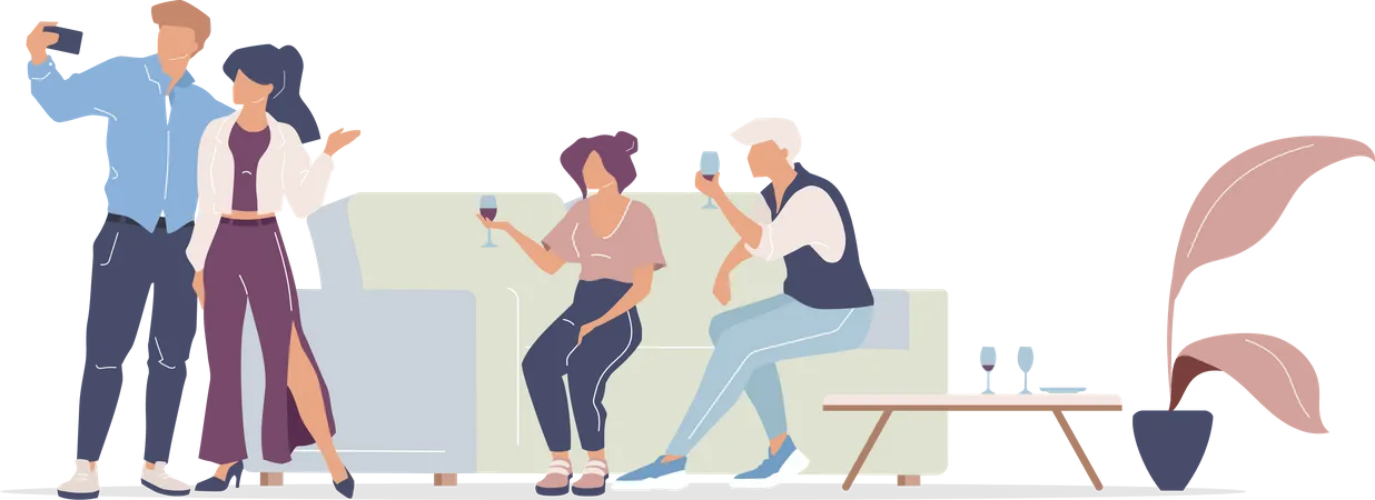 Home Party Flat Color Vector Faceless Characters Men And Women Having Fun Friends Drinking Alcoholic Beverages Isolated Cartoon Illustration For Web Graphic Design And Animation Illustration