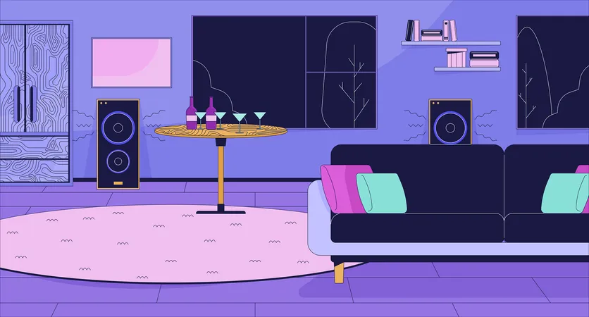 Home Party In Living Room Cartoon Flat Illustration Drinks And Loud Speakers In Apartment 2 D Line Interior Colorful Background Holiday Night Preparation Scene Vector Storytelling Image Illustration