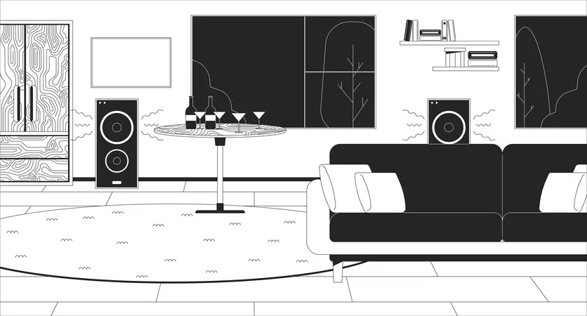 Home Party In Living Room Black And White Line Illustration Drinks And Loud Speakers In Apartment 2 D Interior Monochrome Background Holiday Night Preparation Outline Scene Vector Image Illustration