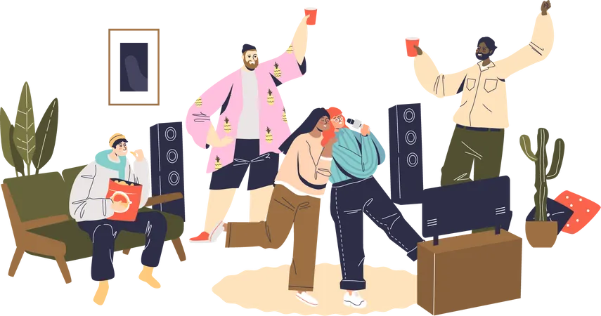 Home party with friends and having fun together  Illustration