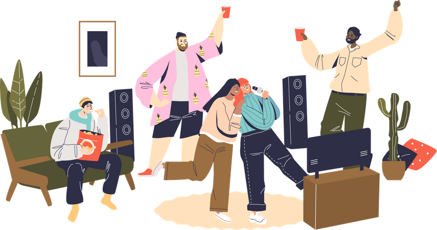 Home party with friends and having fun together  Illustration