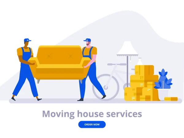 Two Workers Are Carrying A Sofa Moving Boxes In New House Vector Flat Style Illustration 일러스트레이션