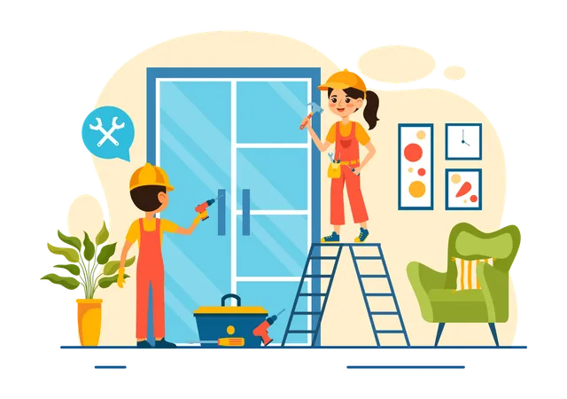 Windows And Doors Installation Service Vector Illustration With Worker For Home Repair And Renovation Use Tools In Flat Kids Cartoon Background Design Illustration