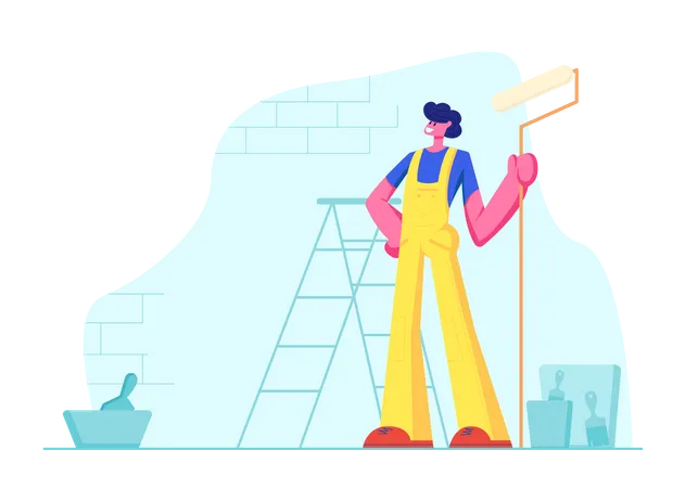 Home Repair Worker with Roller for Wall Painting  Illustration