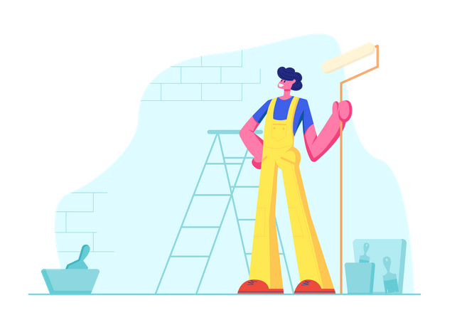 Home Repair Worker with Roller for Wall Painting  Illustration