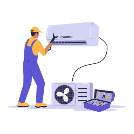 Home Repairman Fixing an Air Conditioner with Toolbox  Illustration