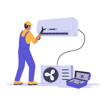 Home Repairman Fixing an Air Conditioner with Toolbox  Illustration
