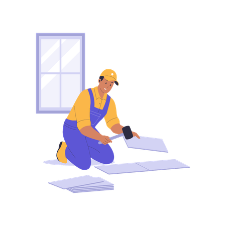 Home Repairman Installing Floor Tiles  Illustration