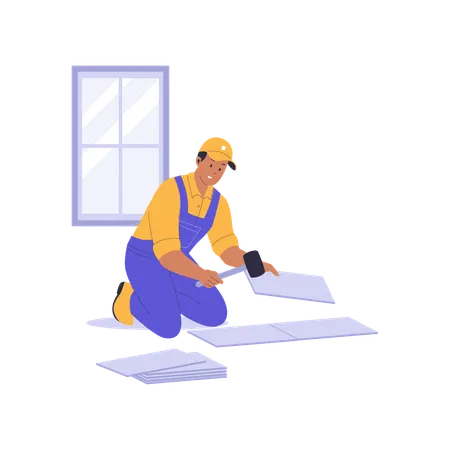 Home Repairman Installing Floor Tiles  Illustration
