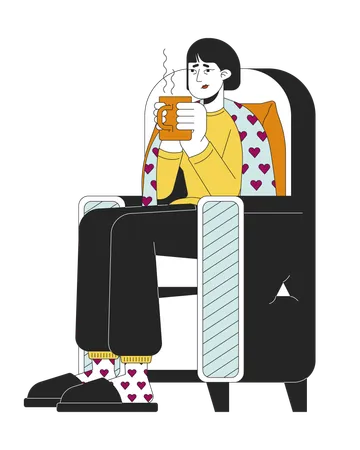 Home Treatment Influenza Line Cartoon Flat Illustration Korean Woman With Hot Drink Sitting In Comfy Armchair 2 D Lineart Character Isolated On White Background Healing Tea Scene Vector Color Image Illustration
