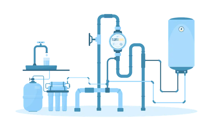 Home Water Supply System Vector Illustration Cartoon Isolated Abstract Diagram Of Connection Of Purification Filter And Pipes With Water Meter And Boiler Infographic Scheme Of Pipeline Distribution イラスト