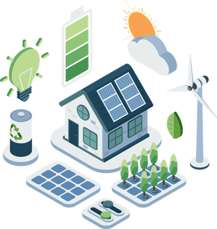 Home with Solar Panels Wind Turbine and Sustainable technology  Illustration
