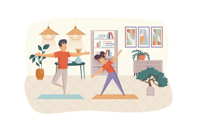 Home Workout Scene Couple Practicing Yoga Asanas Man And Woman Doing Training Indoor Sport Activities Exercising Healthy Lifestyle Concept Vector Illustration Of People Characters In Flat Design Illustration
