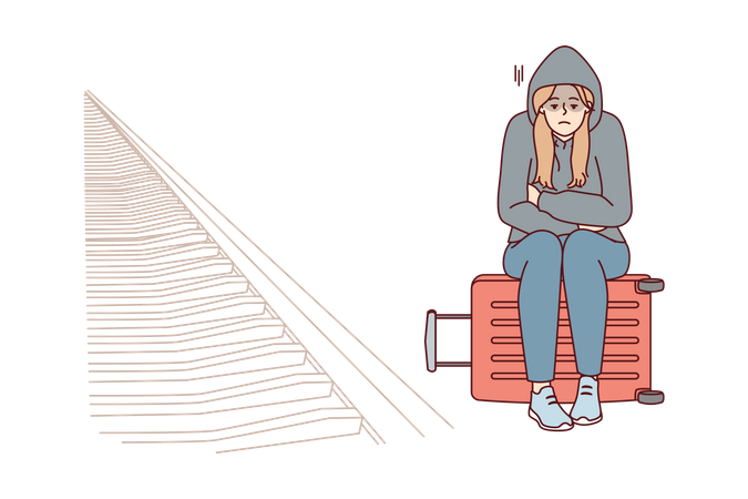 Homeless girl sitting on travel bag  Illustration