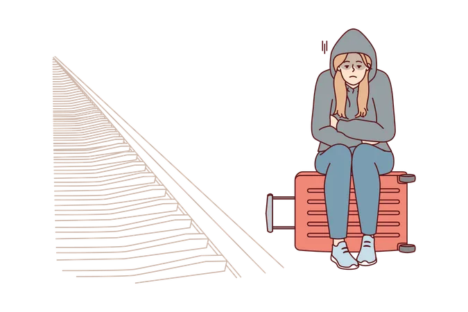 Homeless girl sitting on travel bag  Illustration