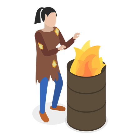 Homeless girl standing near fire can  Illustration