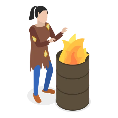 Homeless girl standing near fire can  Illustration