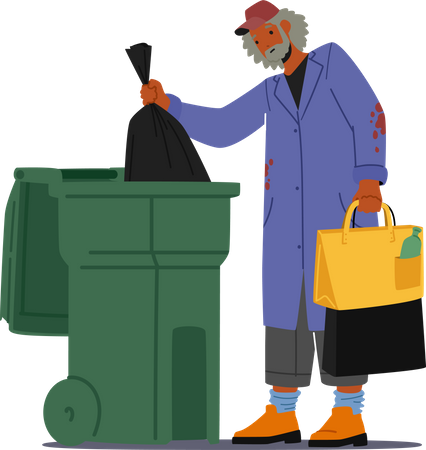 Homeless Jobless Poor Man in Old Clothes Fumble in Trash  Illustration