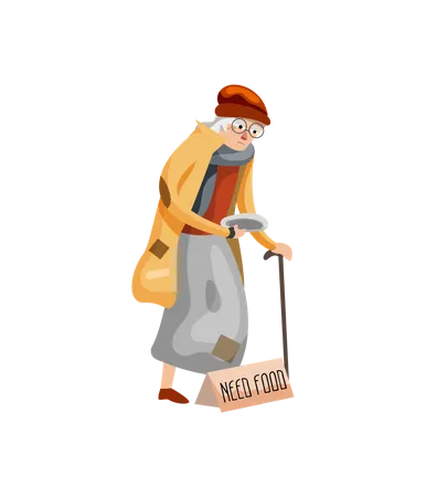 Homeless lady holding plate bagging for food Illustration