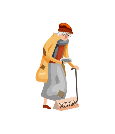 Homeless lady holding plate bagging for food  Illustration