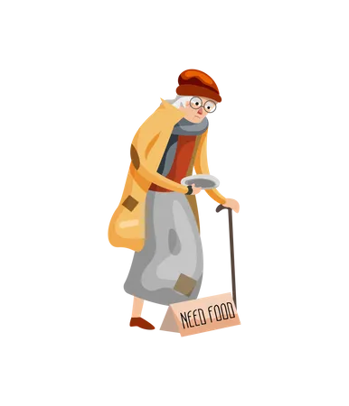 Homeless lady holding plate bagging for food  Illustration