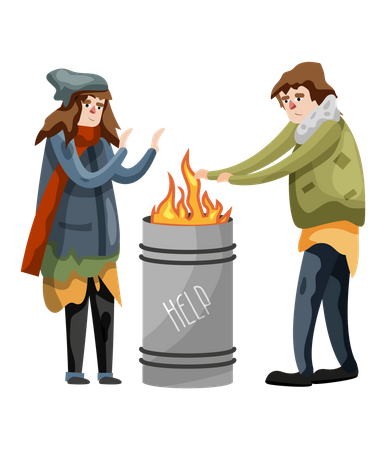 Homeless male and female people shaking hands on fire in winter  Illustration