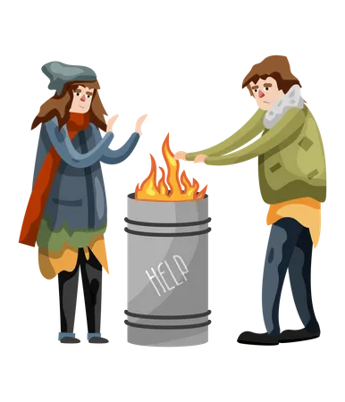 Homeless male and female people shaking hands on fire in winter  Illustration