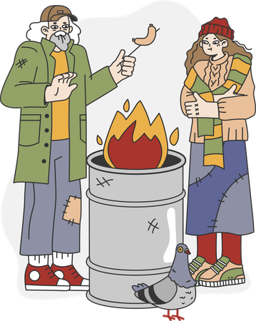 Homeless male and female shaking hands on fire in winter  Illustration