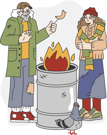 Homeless male and female shaking hands on fire in winter  Illustration