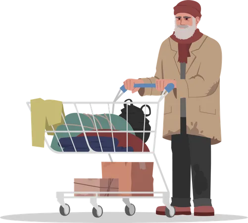 Homeless man collecting clothes in cart Illustration