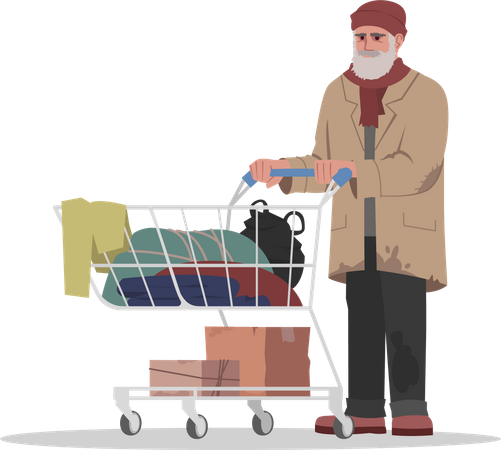 Homeless man collecting clothes in cart  Illustration