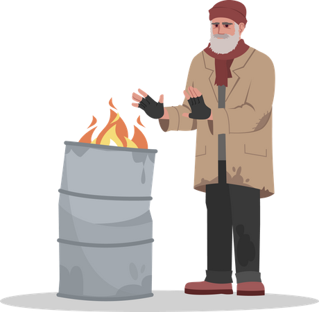 Homeless man near flaming bin  Illustration