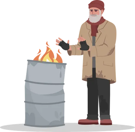 Homeless man near flaming bin  Illustration