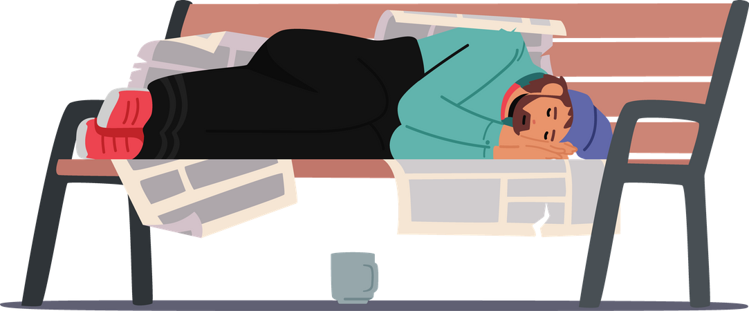 Homeless man sleeping on bench  Illustration