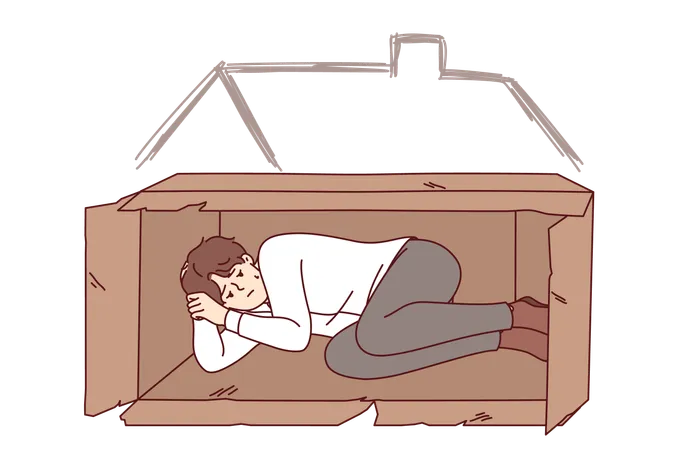Homeless Man Sleeps In Box On Street After Being Fired From Job Due To Labor Market Crisis Homeless Guy Needs Help From Charity Or Shelter To Solve Temporary Difficulties That Cause Poverty Illustration