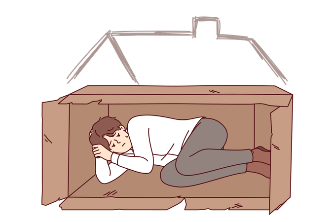 Homeless man sleeps in box on street after being fired from job due to labor market crisis  Illustration