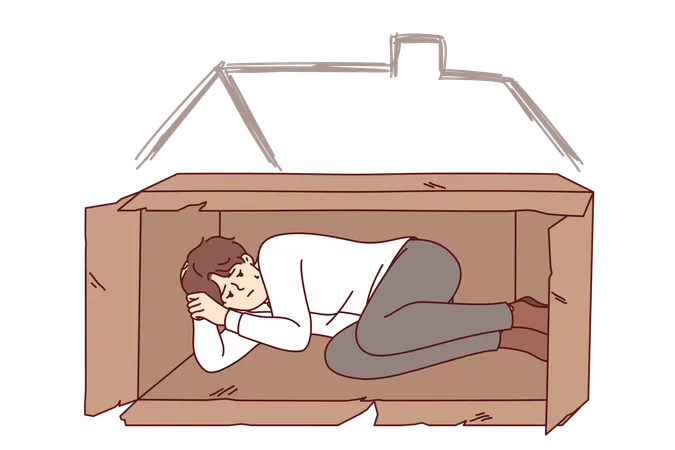 Homeless man sleeps in box on street after being fired from job due to labor market crisis  Illustration