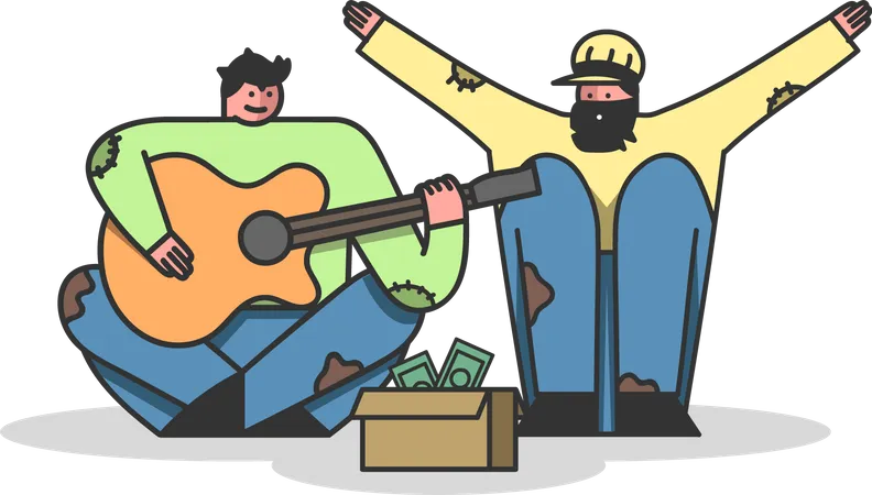Homeless people playing guitar and gathering money Illustration