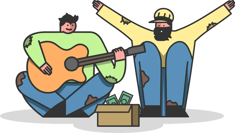 Homeless people playing guitar and gathering money  Illustration