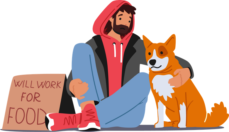 Homeless Unemployed man sitting with dog on street  Illustration