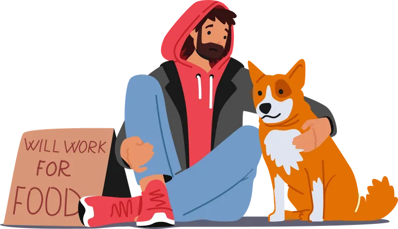 Homeless Unemployed man sitting with dog on street  Illustration