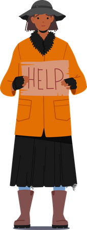 Homeless Woman Holding Banner Need Help Illustration