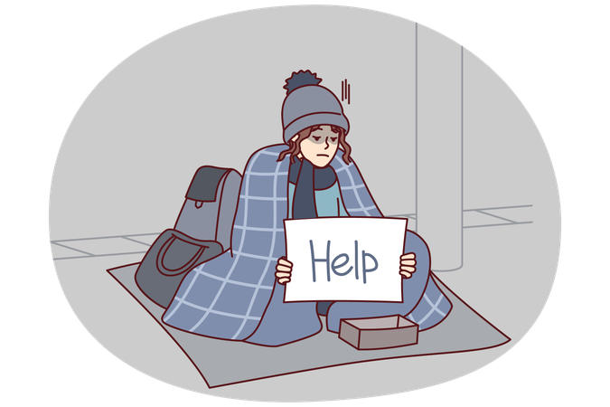 Homeless woman outdoor asks for alms sits on ground  Illustration