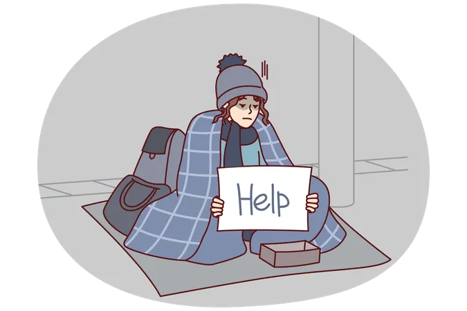 Homeless woman outdoor asks for alms sits on ground  Illustration