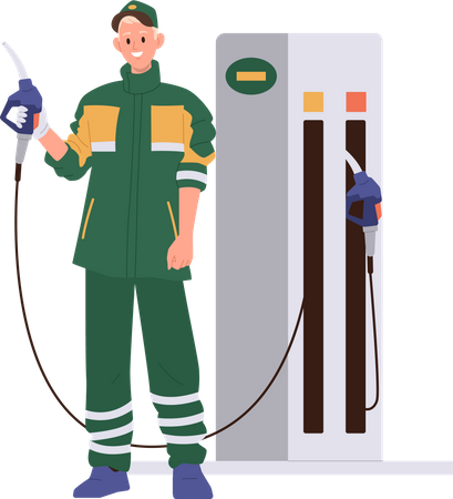 Trabalhador de reabastecimento de homem prestando serviço de carro em posto de gasolina  Ilustração